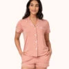 The All-Day Short Sleeve Shirt - Print: Pepper Dot/Shell Pink -LuxeIntimates Store 1 on model front all day short sleeve shirt dot print