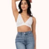 The Crochet Lace Plunge Bralette: Fresh White 1 The Crochet Lace Plunge Bralette: Fresh White -LuxeIntimates Store 1 on model front crochet lace plunge bralette fresh white