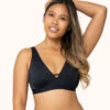 The Eco Deep V Bralette: Jet Black 1 The Eco Deep V Bralette: Jet Black -LuxeIntimates Store 1 on model front eco deep v bralette jet black