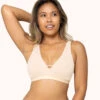 The Eco Deep V Bralette: Toasted Almond -LuxeIntimates Store 1 on model front eco deep v bralette toasted almond