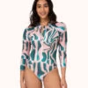 The One Piece Rashguard: Paint Brush -LuxeIntimates Store 1 on model front one piece rashguard paint brush print
