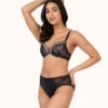 The Smooth Lace High Waist Bikini: Jet Black -LuxeIntimates Store 1 on model front smooth lace high waist bikini jet black 1