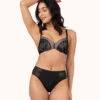 The Smooth Lace No-Wire Push-Up Bra: Jet Black/Soft Pink 2 The Smooth Lace No-Wire Push-Up Bra: Jet Black/Soft Pink -LuxeIntimates Store 1 on model front smooth lace no wire push up jet black