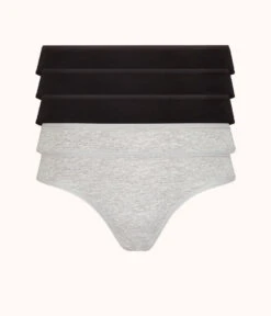 The Cotton Thong 5-Pack: Jet Black/Heather Gray