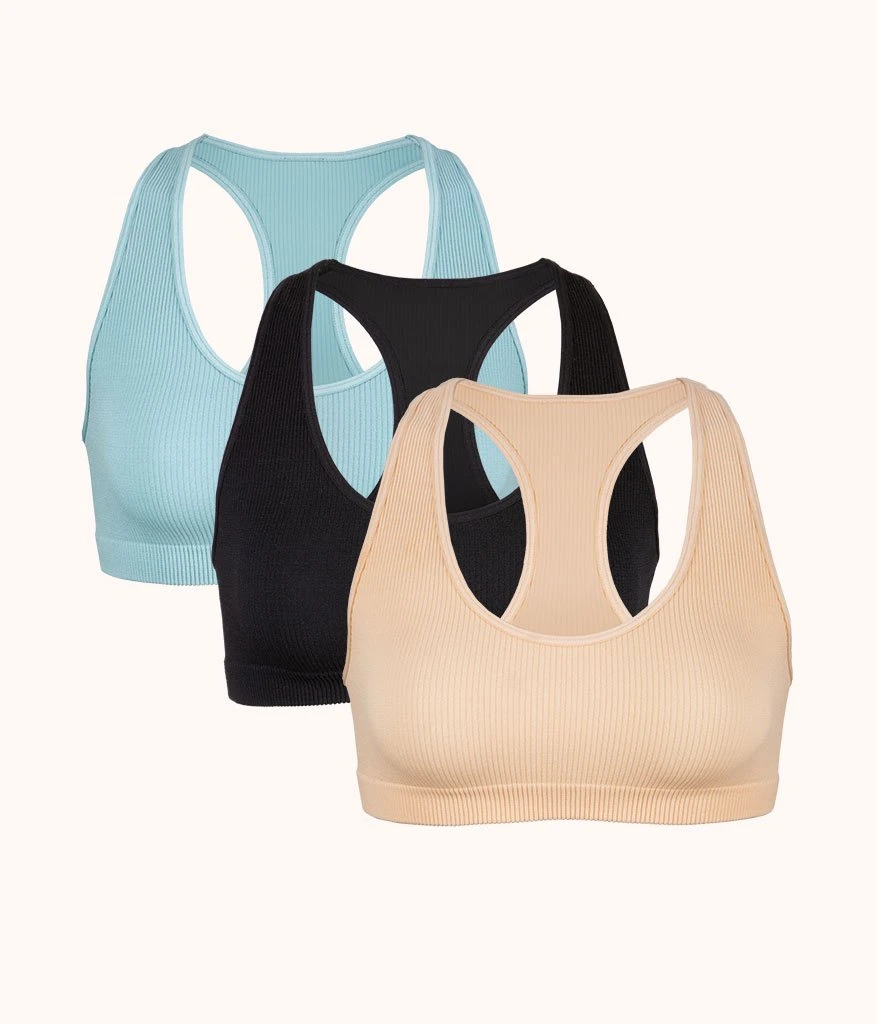 The Seamless Racerback Bralette Trio: Jet Black/Toasted Almond/Sky Blue 3 The Seamless Racerback Bralette Trio: Jet Black/Toasted Almond/Sky Blue