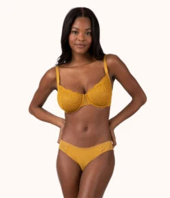 The Palm Lace Bikini Bundle: Turmeric/Toasted Almond/Jet Black -LuxeIntimates Store 2 on model front palm lace bikini bundle multi 83cba679 65f9 4627 a4fc bb554c7e9f54