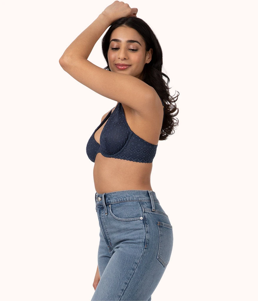 The Crochet Lace Unlined Plunge Bra: Navy 4 The Crochet Lace Unlined Plunge Bra: Navy - Image 2