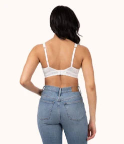 The Crochet Lace Plunge Bralette: Fresh White -LuxeIntimates Store 3 on model back crochet lace plunge bralette fresh white