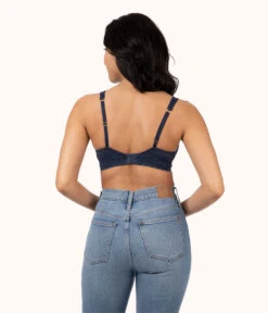 The Crochet Lace Plunge Bralette: Navy -LuxeIntimates Store 3 on model back crochet lace plunge bralette navy
