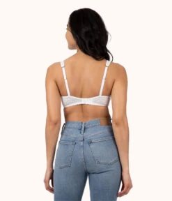 The Crochet Lace Unlined Plunge Bra: Fresh White -LuxeIntimates Store 3 on model back crochet lace unlined plunge bra fresh white