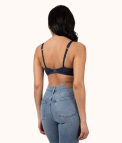 The Crochet Lace Unlined Plunge Bra: Navy 12 The Crochet Lace Unlined Plunge Bra: Navy -LuxeIntimates Store 3 on model back crochet lace unlined plunge bra navy