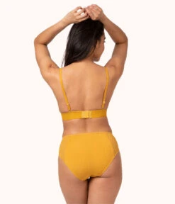 The Long-Lined Lace Bralette: Turmeric -LuxeIntimates Store 3 on model back long lined lace bralette turmeric