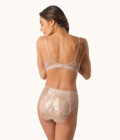 The Mesh High Waist Bikini Bundle - Print: Burnished Mahogany/Orchid Metallic Palm Print -LuxeIntimates Store 3 on model back metallic palm mesh undie bundle orchid foil