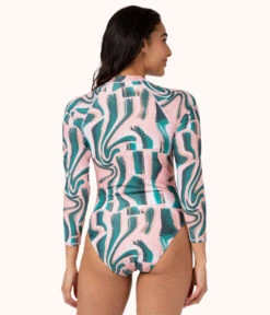 The One Piece Rashguard: Paint Brush -LuxeIntimates Store 3 on model back one piece rashguard paint brush print