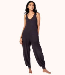 The All-Day Jumpsuit Bundle: Jet Black/Plum -LuxeIntimates Store 3 on model front1 all day romper bundle jet black