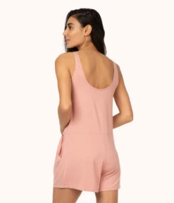 The All-Day Lounge Romper Bundle: Heather Gray/Shell Pink -LuxeIntimates Store 4 on model back all day romper bundle shell pink