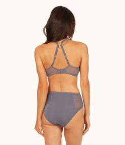 The Smooth Lace Plunge Bra: Smoke -LuxeIntimates Store 4 on model back1 smooth lace plunge bra smoke 710e242b 15bb 4030 830e 169b6fed5622