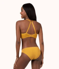 The Unlined Lace Bra: Turmeric -LuxeIntimates Store 4 on model back1 unlined lace bra turmeric
