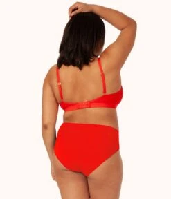 The Lace High Waist Bikini Bundle: Toasted Almond/Jet Black/Tomato Red -LuxeIntimates Store 4 product flat back lace high waist bikini trio multi