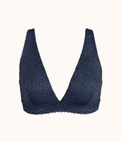 The Crochet Lace Plunge Bralette: Navy -LuxeIntimates Store 4 product flat front crochet lace plunge bralette navy