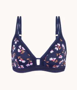 The Mesh Trim Bralette - Print: Navy Daisy -LuxeIntimates Store 4 product flat front mesh trim bralette navy daisy