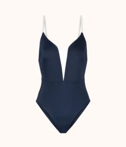 The V One Piece: Navy/White -LuxeIntimates Store 4 product flat front v one piece navy bc49dc6a cafe 4f46 bd1f 8de319414026