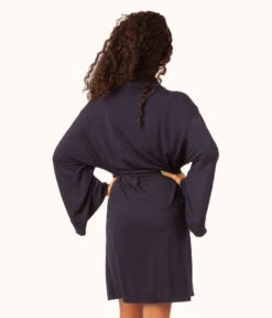 The Kimono Bundle: Jet Black/Midnight Navy -LuxeIntimates Store 5 on model back the kimono bundle midnight navy