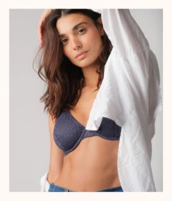 The Crochet Lace Unlined Plunge Bra: Navy 14 The Crochet Lace Unlined Plunge Bra: Navy -LuxeIntimates Store 5 on model back2 crochet lace unlined plunge bra navy 1
