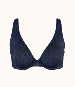 The Crochet Lace Unlined Plunge Bra: Navy 15 The Crochet Lace Unlined Plunge Bra: Navy -LuxeIntimates Store 5 product flat front crochet lace unlined plunge bra navy