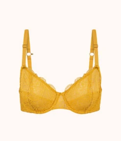 The Unlined Lace Bra: Turmeric -LuxeIntimates Store 5 product flat front unlined lace bra turmeric