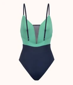 The V One Piece: Mint/Navy -LuxeIntimates Store product flat back v one piece navy mint 6075b03c d843 4ed8 89c3 cfbec6a89f2b