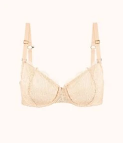 The Unlined Lace Bra: Toasted Almond -LuxeIntimates Store product flat front palm lace unlined bra toasted almond 88cd5263 ad89 405d b86e 9cff3305c7c1