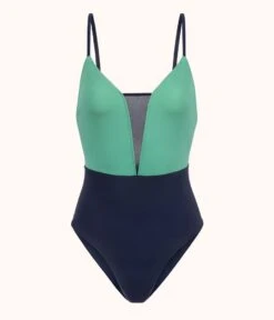 The V One Piece: Mint/Navy -LuxeIntimates Store product flat front v one piece navy mint 1ed7ed23 e089 490e b384 9778b1e2885e